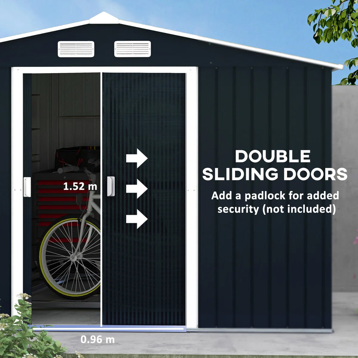 9 x 6 ft Metal Garden Shed, Lockable Outdoor Storage Shed with Double Sliding Doors