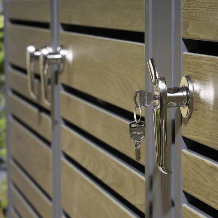 Triple Bin Storage Unit, Wooden Outdoor Bin Store with Lift-Up Lids & Front Doors, Oak Finish