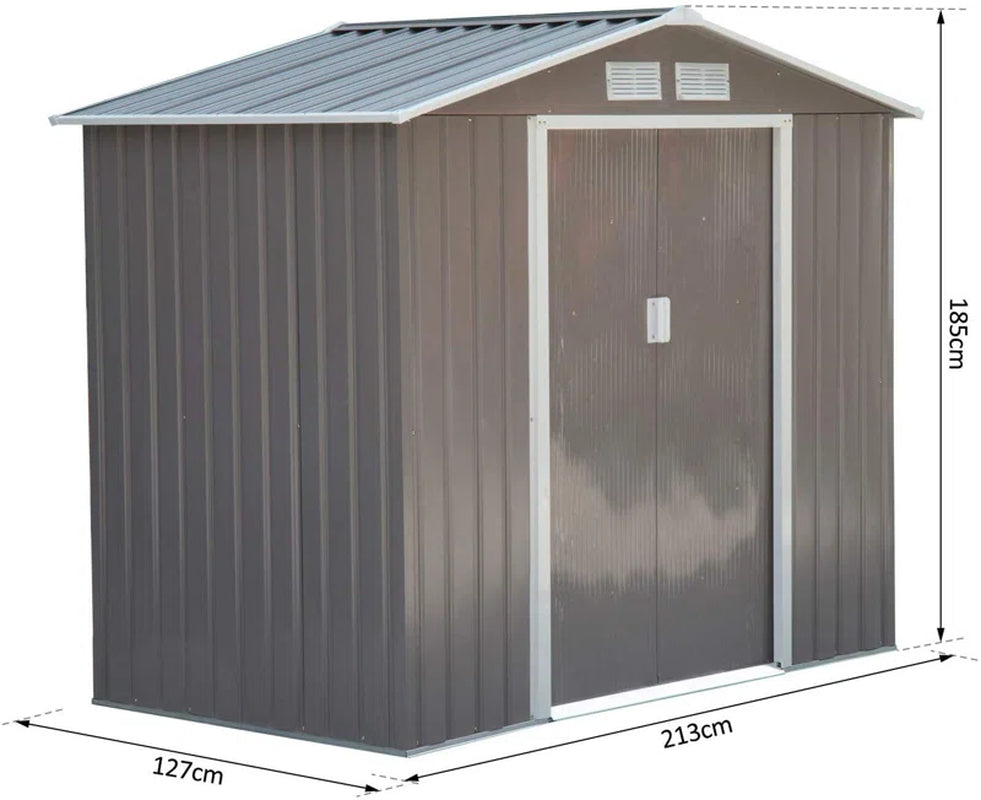7 x 4 ft Metal Apex Garden Shed, Lockable Outdoor Storage Shed with Double Sliding Doors